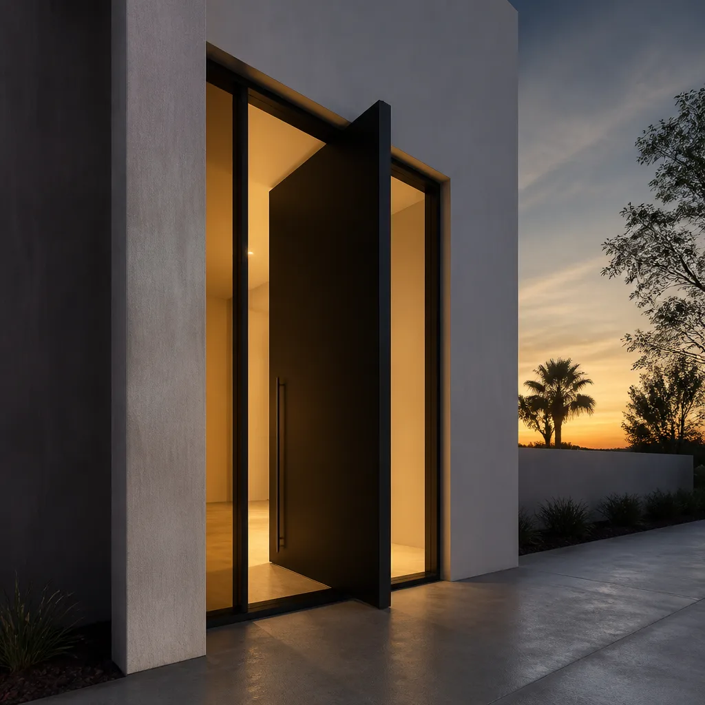 Modern oversized front pivot door installation in a contemporary home