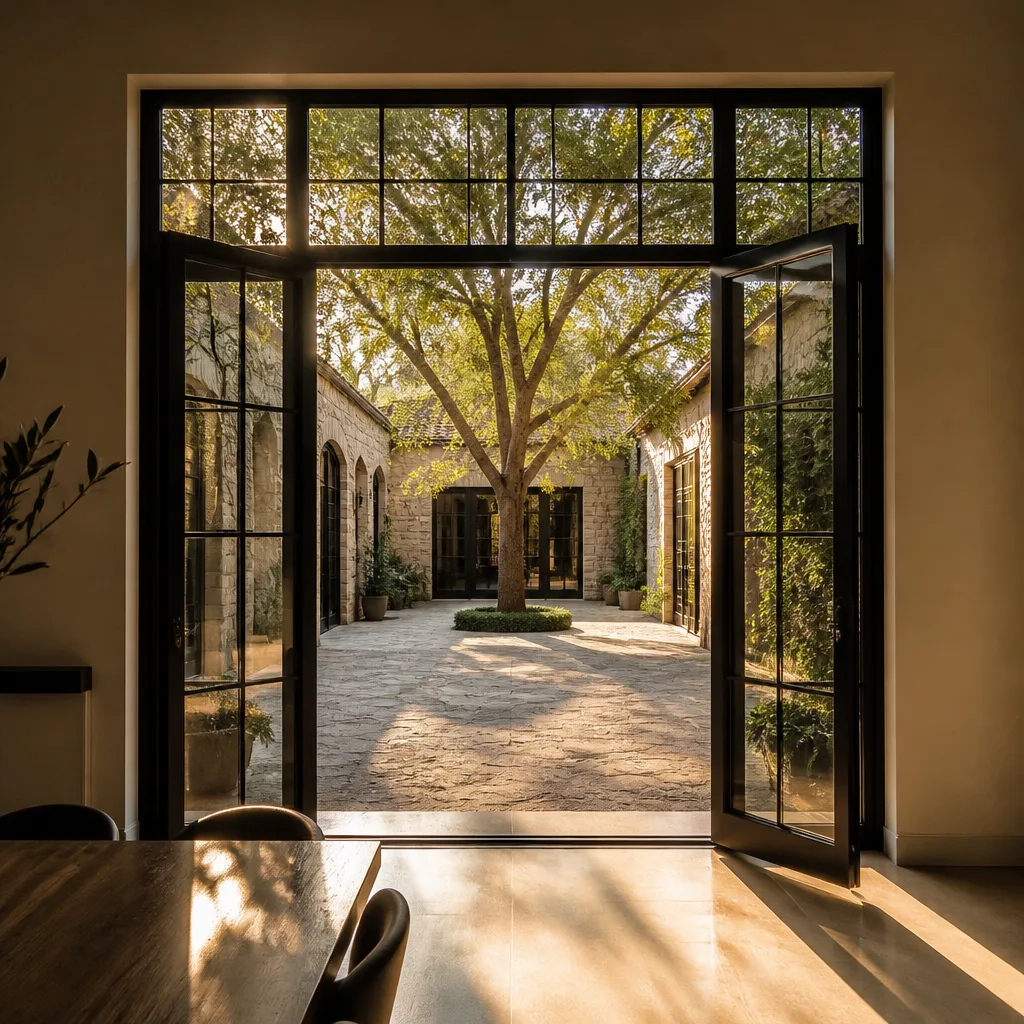 Modern black-framed glass door installation overlooking a beautiful courtyard