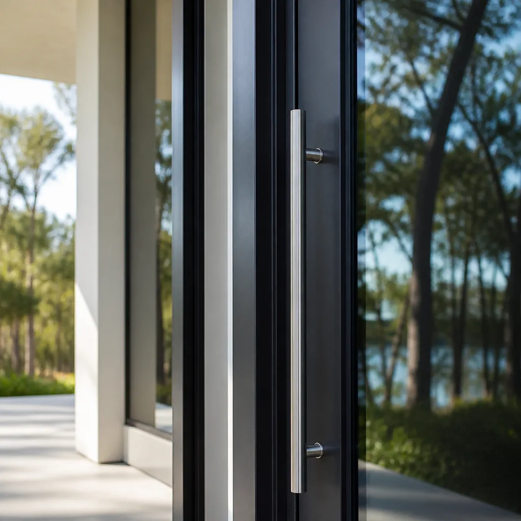 Modern glass door with metallic handle installation in a contemporary home