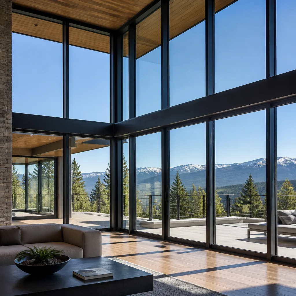 Modern floor-to-ceiling window installation overlooking mountain landscape
