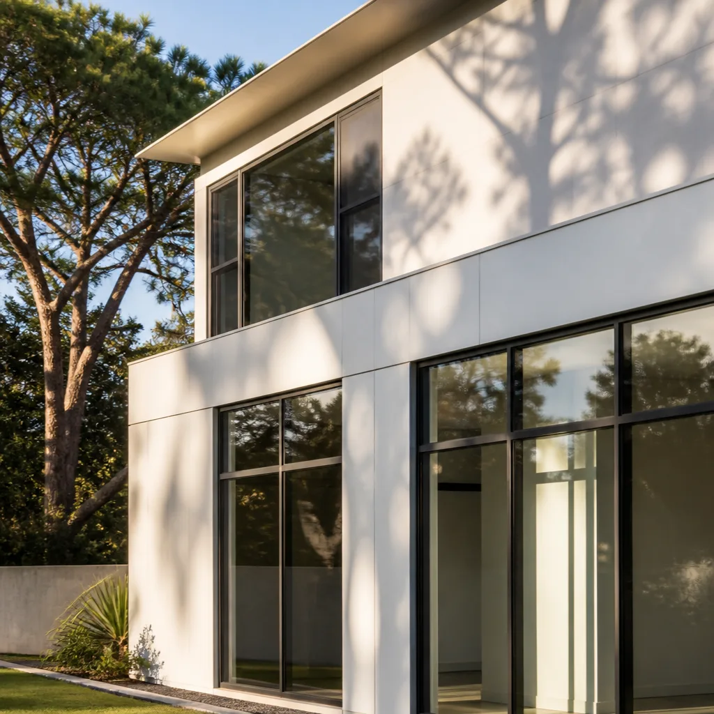 Modern residential building exterior with large glass windows and doors installation