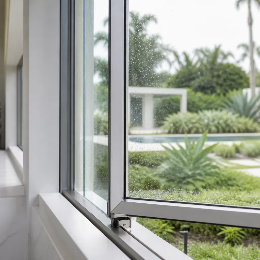 Modern metal window frame installation overlooking a landscaped garden and pool.