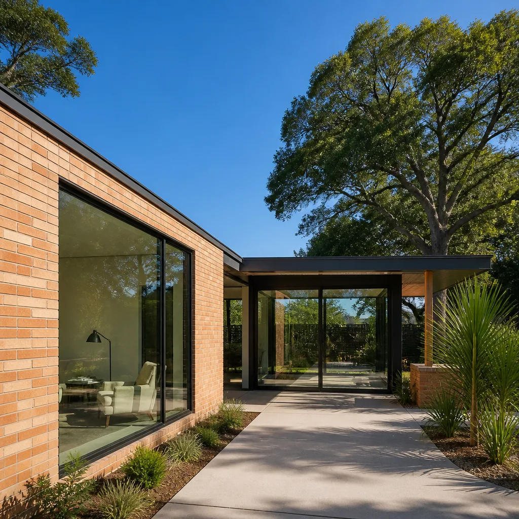 Modern home exterior featuring large architectural windows and sliding glass doors