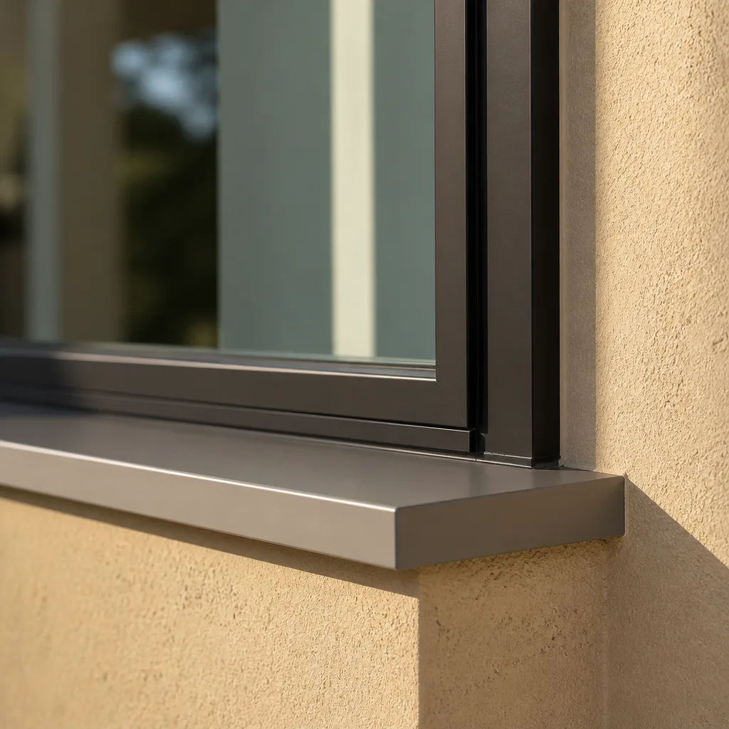 Modern black frame window replacement with metal sill on stucco wall
