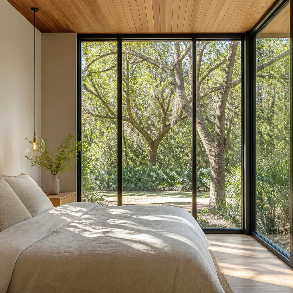 Modern floor to ceiling windows overlooking a lush forest landscape